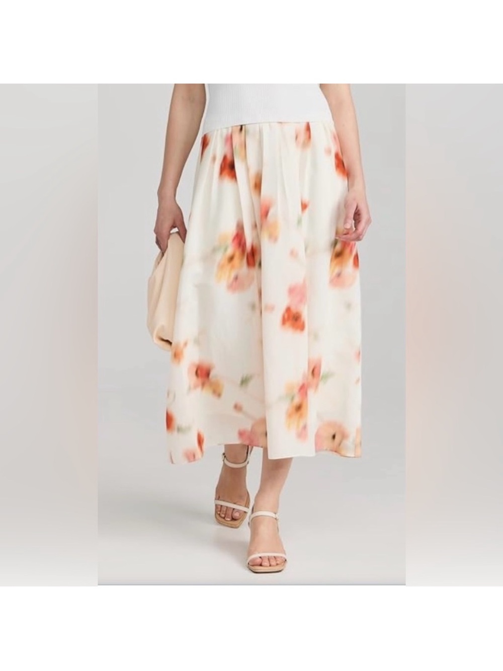 Vince Cream Midi Skirt with Peach Floral Print XL